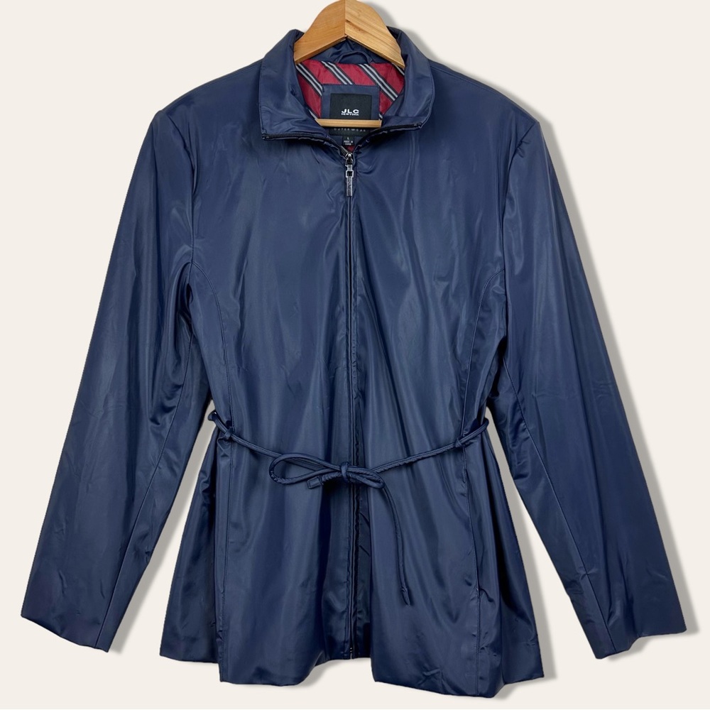 JLC New York Retro Belted Sleek Zip Up Lined Jacket Raincoat Navy